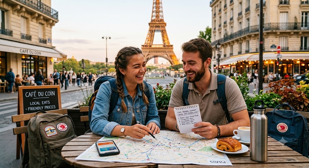 Pasangan turis backpacker sedang menyusun anggaran dan rute liburan sebagai penerapan tips travel hemat